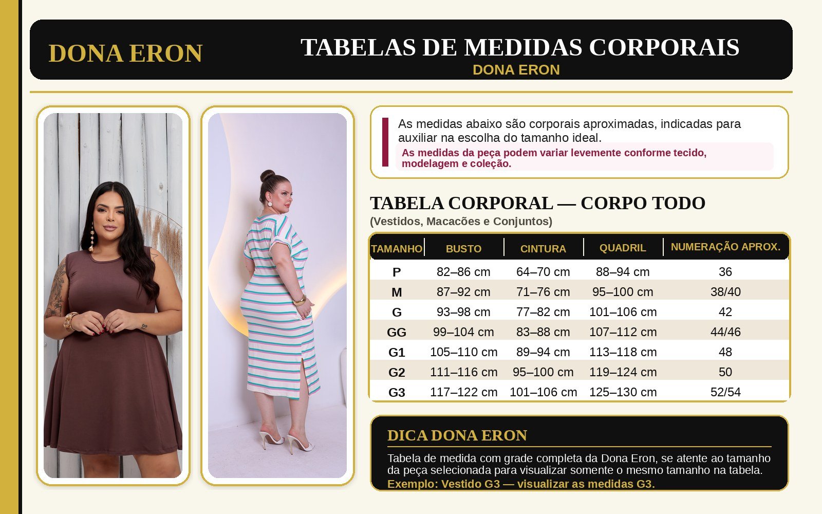 Tabela de medidas Dona Eron - Vestidos, Macac&otilde;es e Conjuntos